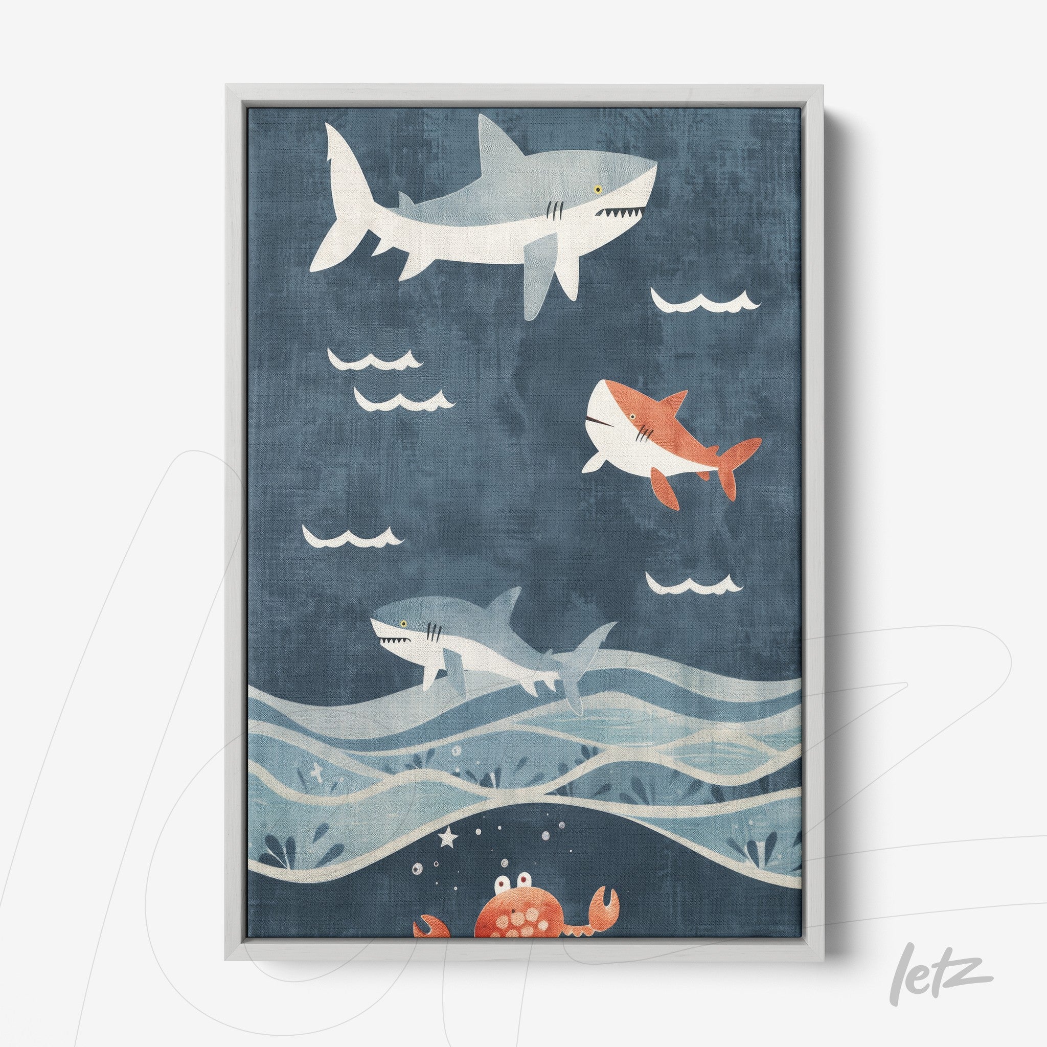 framed illustration of swimming sharks against a dark blue background with waves and a crab