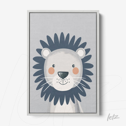 canvas print featuring a cute lion illustration with blue mane and light gray background in a white frame