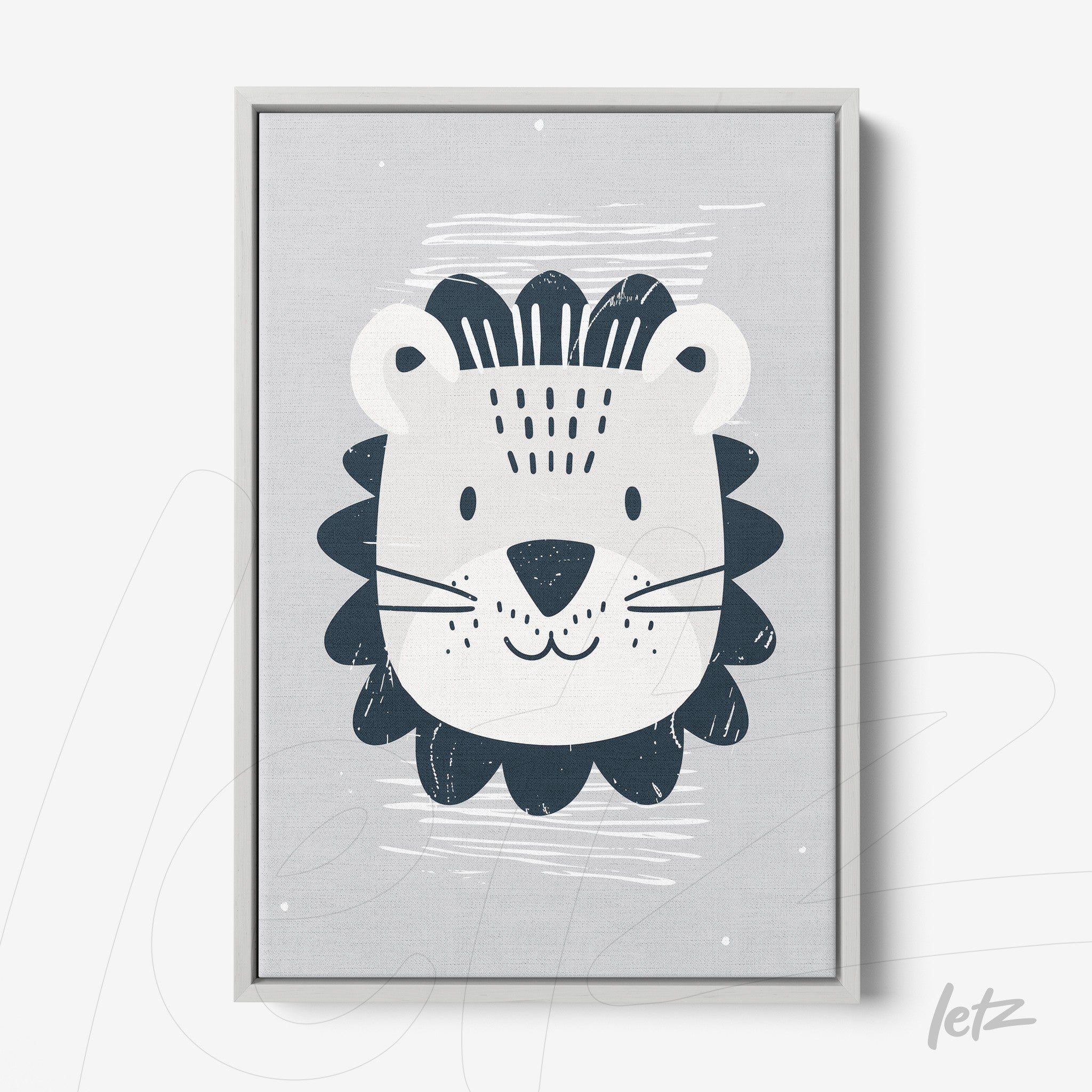 framed artwork featuring a lion illustration on gray background with dark blue outlines