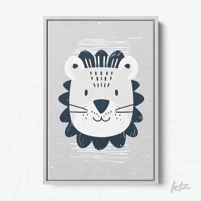 framed artwork featuring a lion illustration on gray background with dark blue outlines