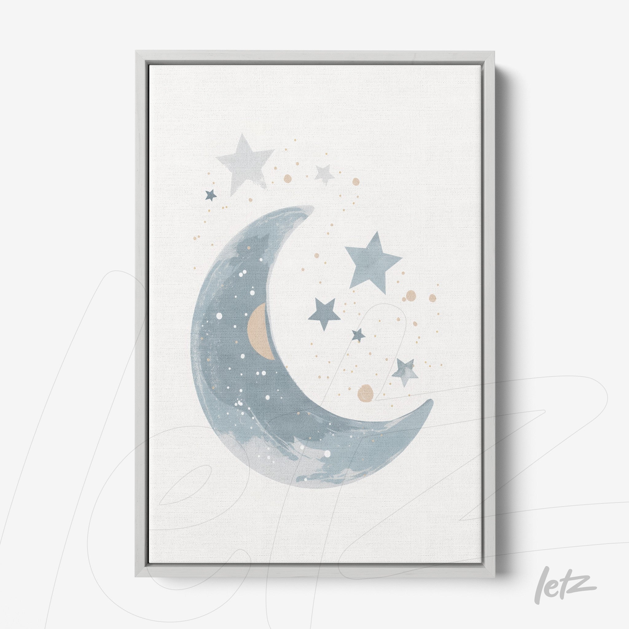framed wall art featuring a crescent moon in shades of blue surrounded by stars and pastel dots in a silver frame