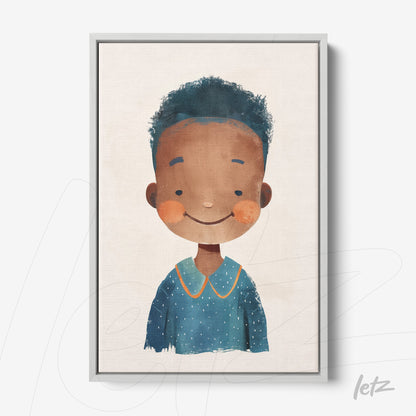 framed wall art featuring a smiling boy with curly hair in a light frame