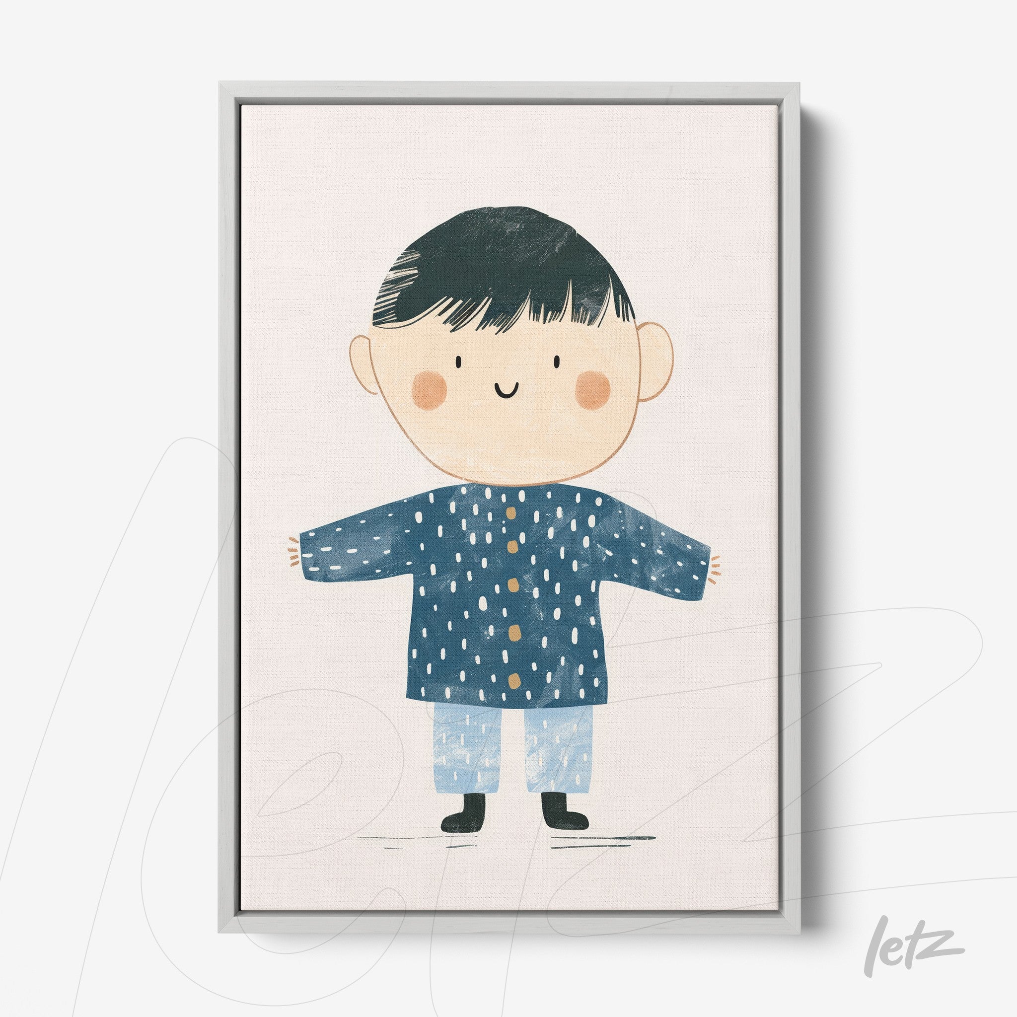 framed artwork featuring a happy child illustration wearing a blue coat and pajama pants against a light background
