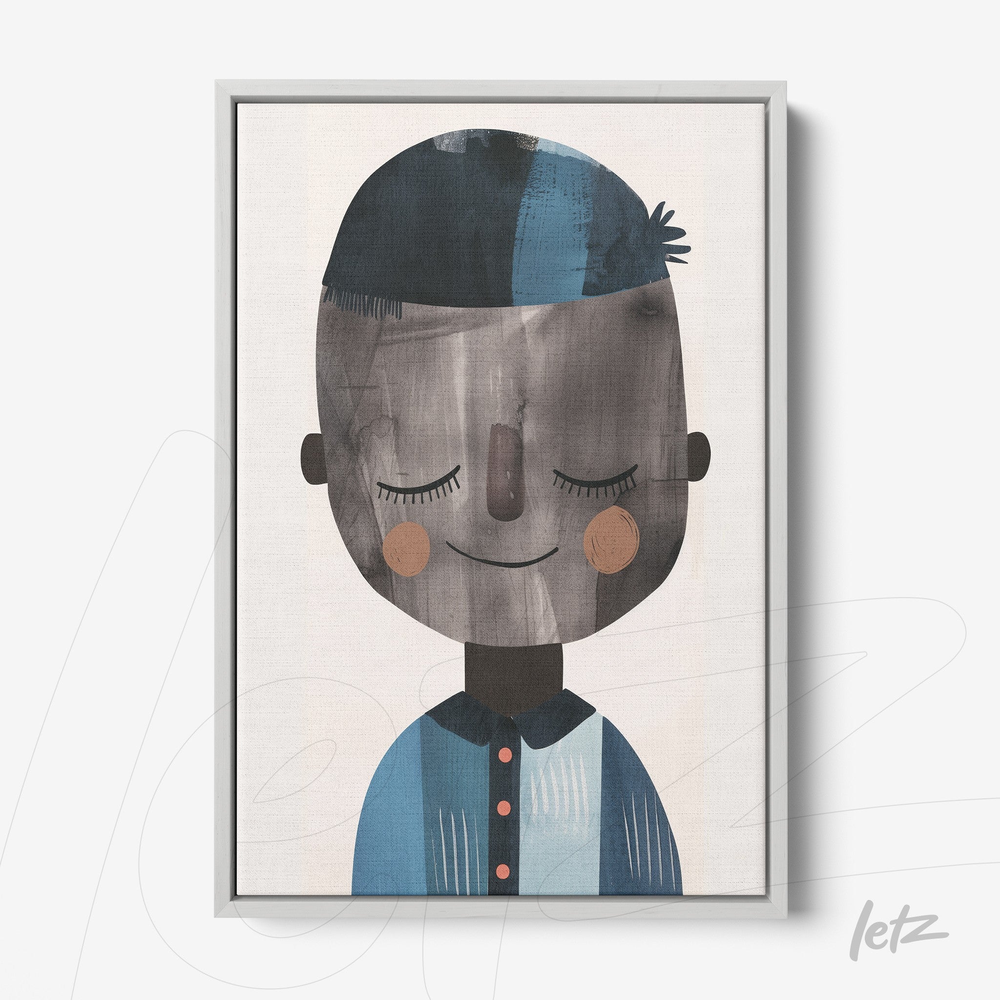 framed artwork of a smiling boy with a stylized design in shades of blue