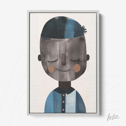 framed artwork of a smiling boy with a stylized design in shades of blue
