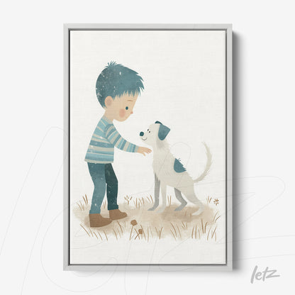framed artwork of a boy petting a dog in a natural setting with a gray frame