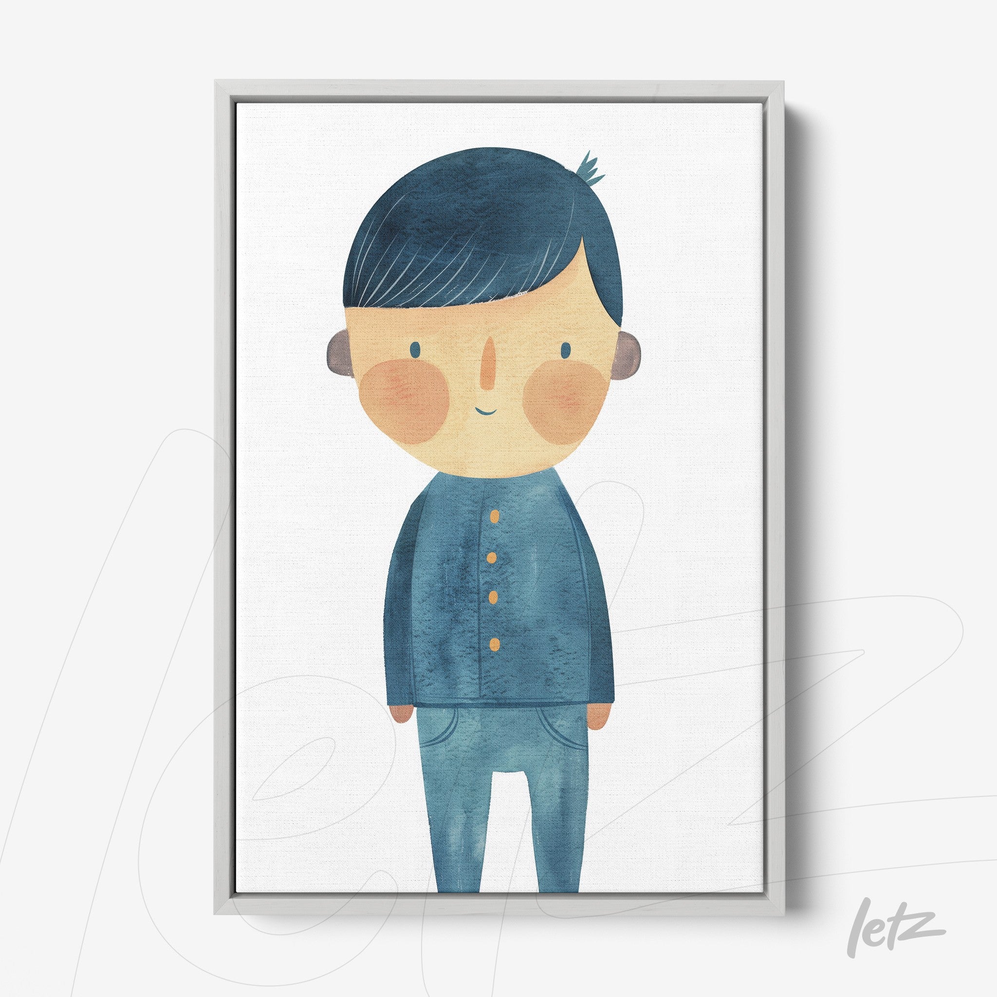 framed artwork featuring a cheerful boy illustration in blue clothes with a light frame