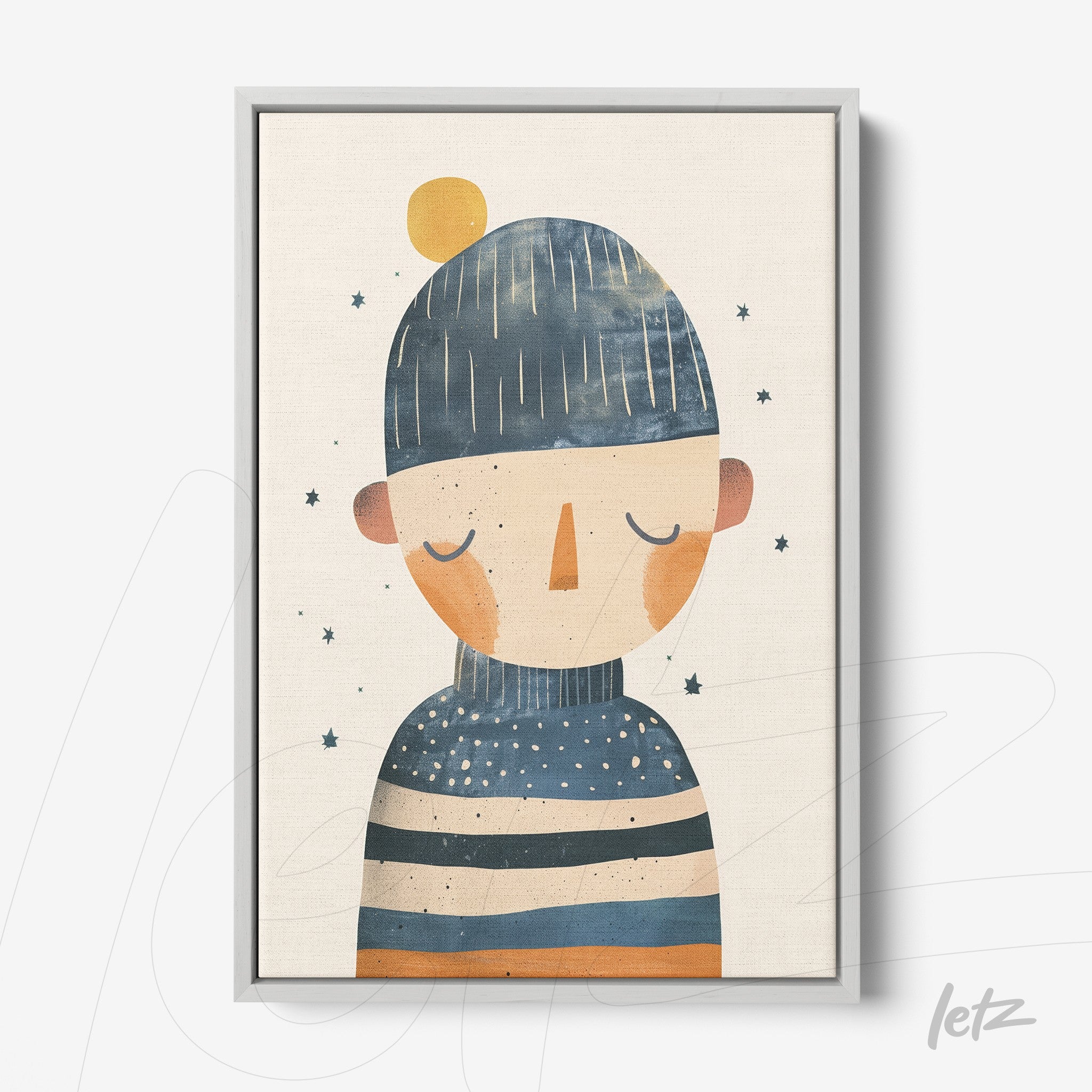 canvas print featuring a stylized illustration of a person wearing a hat and striped sweater in shades of blue and orange, light background with small stars