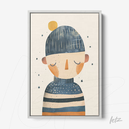 canvas print featuring a stylized illustration of a person wearing a hat and striped sweater in shades of blue and orange, light background with small stars