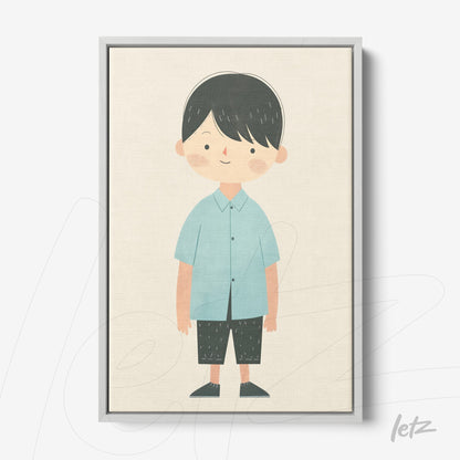 canvas print featuring a child illustration with a blue shirt and black shorts, framed in light gray