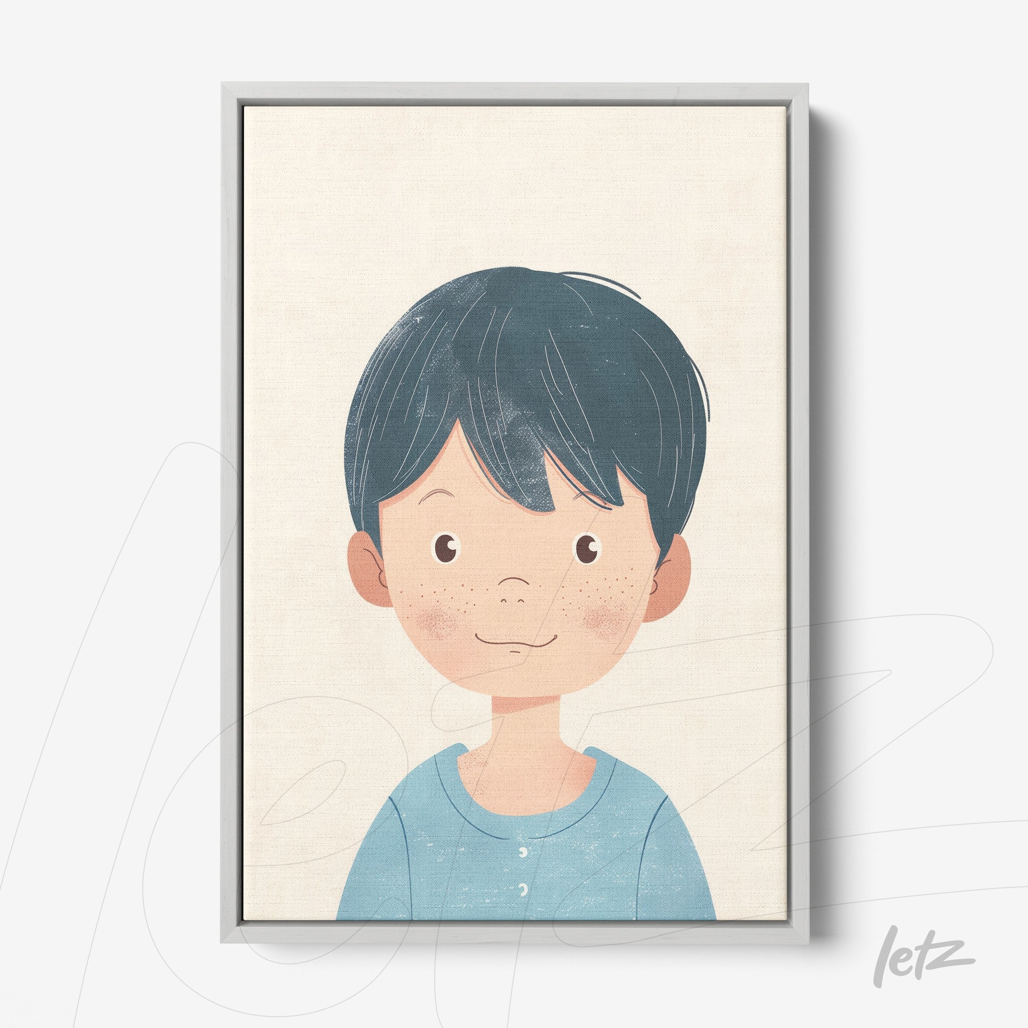 framed wall art featuring a cheerful illustration of a boy with short dark hair in a silver frame