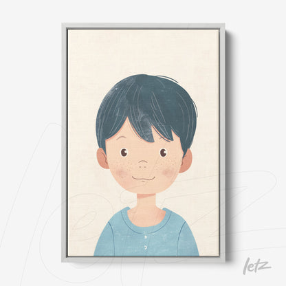framed wall art featuring a cheerful illustration of a boy with short dark hair in a silver frame