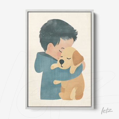 framed artwork of a boy hugging a yellow dog
