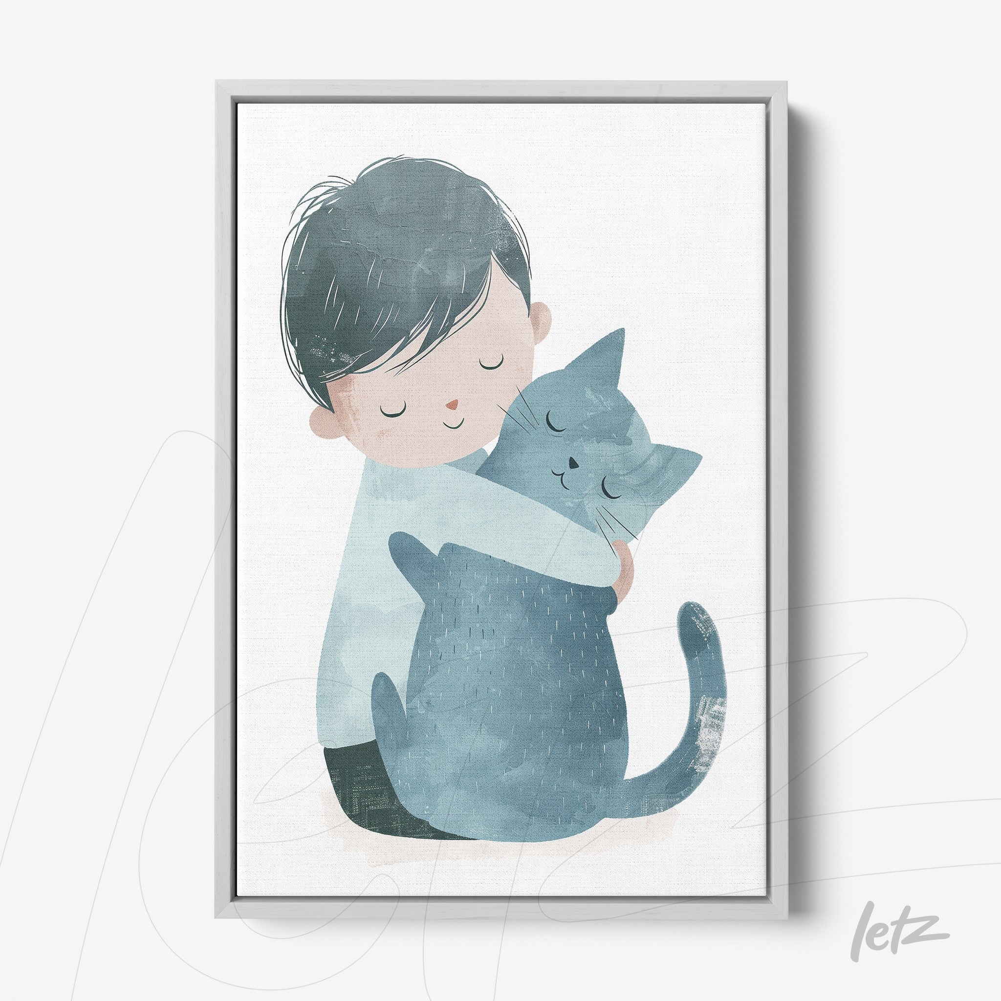 framed artwork featuring a gentle illustration of a boy hugging a blue cat in a light gray frame