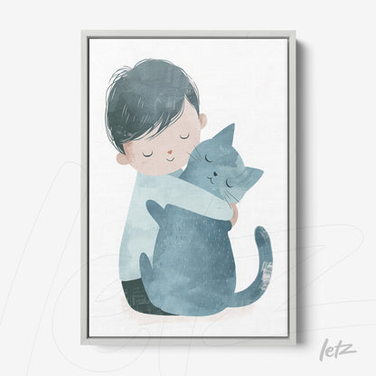 framed artwork featuring a gentle illustration of a boy hugging a blue cat in a light gray frame