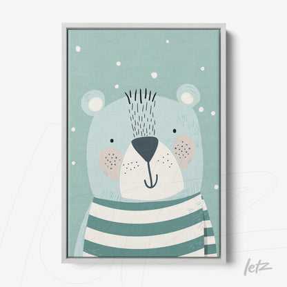 framed wall art featuring a cute bear illustration in green stripes on a light blue background