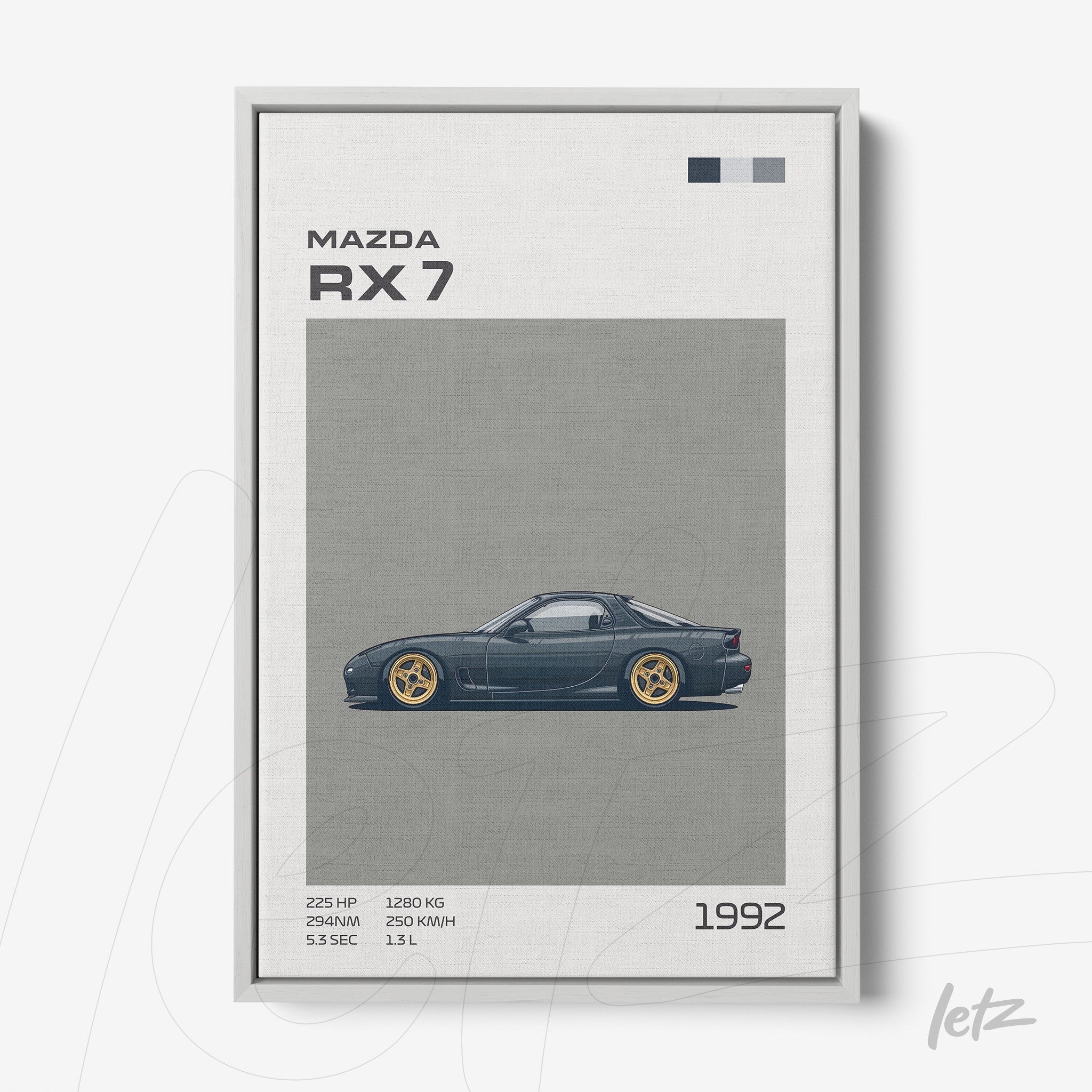 canvas print featuring a stylish illustration of the 1992 Mazda RX-7, set against a gray background with a white frame
