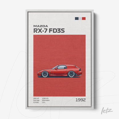 framed wall art of Mazda RX-7 FD3S in red background with white frame and blue and red accents
