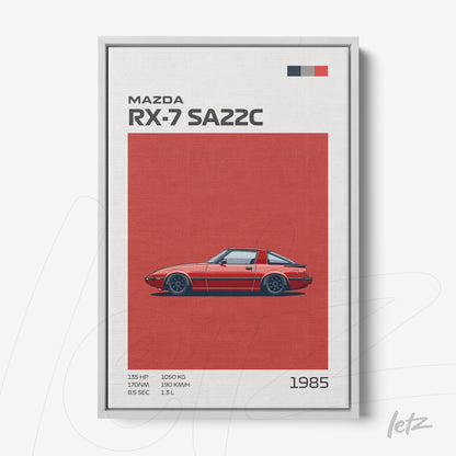 framed art featuring a stylized illustration of Mazda RX-7 SA22C on a red background with a silver frame