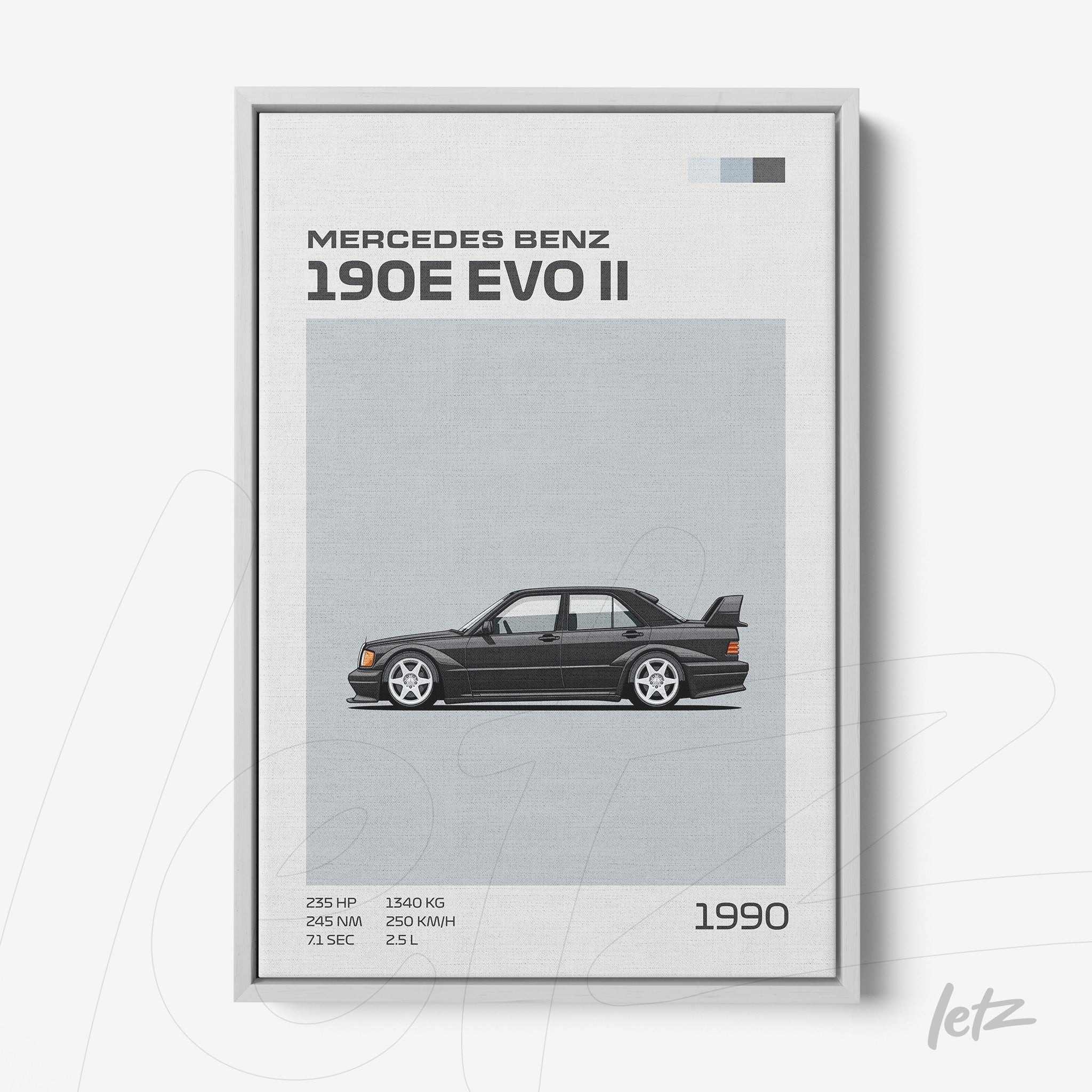 framed vintage style illustration of the Mercedes Benz 190E EVO II with a light gray frame