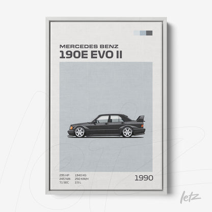 framed vintage style illustration of the Mercedes Benz 190E EVO II with a light gray frame