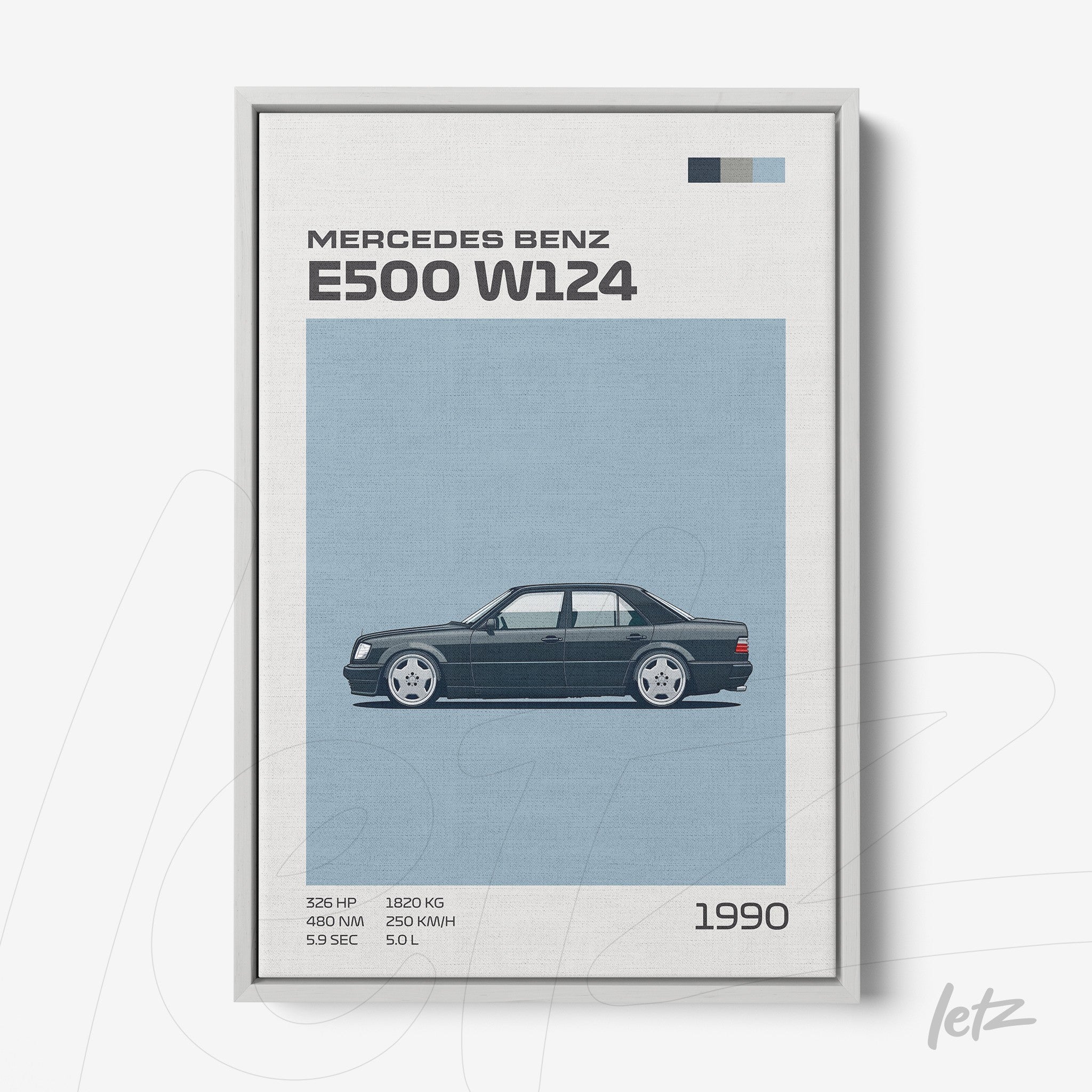 framed wall art featuring the Mercedes Benz E500 W124 illustration on a blue background