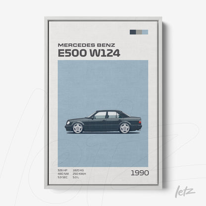 framed wall art featuring the Mercedes Benz E500 W124 illustration on a blue background