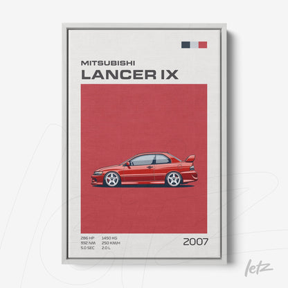 framed artwork featuring a minimalist illustration of the red Mitsubishi Lancer IX against a red background, including technical details and the year 2007 at the bottom