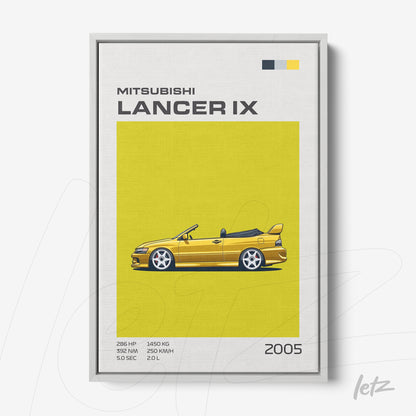 framed minimalist art of 2005 Mitsubishi Lancer IX on vibrant yellow background with white frame