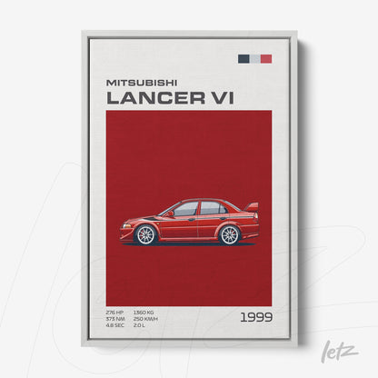 digital artwork of Mitsubishi Lancer VI car on red background featuring technical details at the bottom