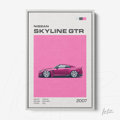 framed artwork of Nissan Skyline GTR in vibrant pink background with gray frame