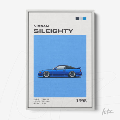 framed artwork of a Nissan Sil80 car in vibrant blue background with silver frame