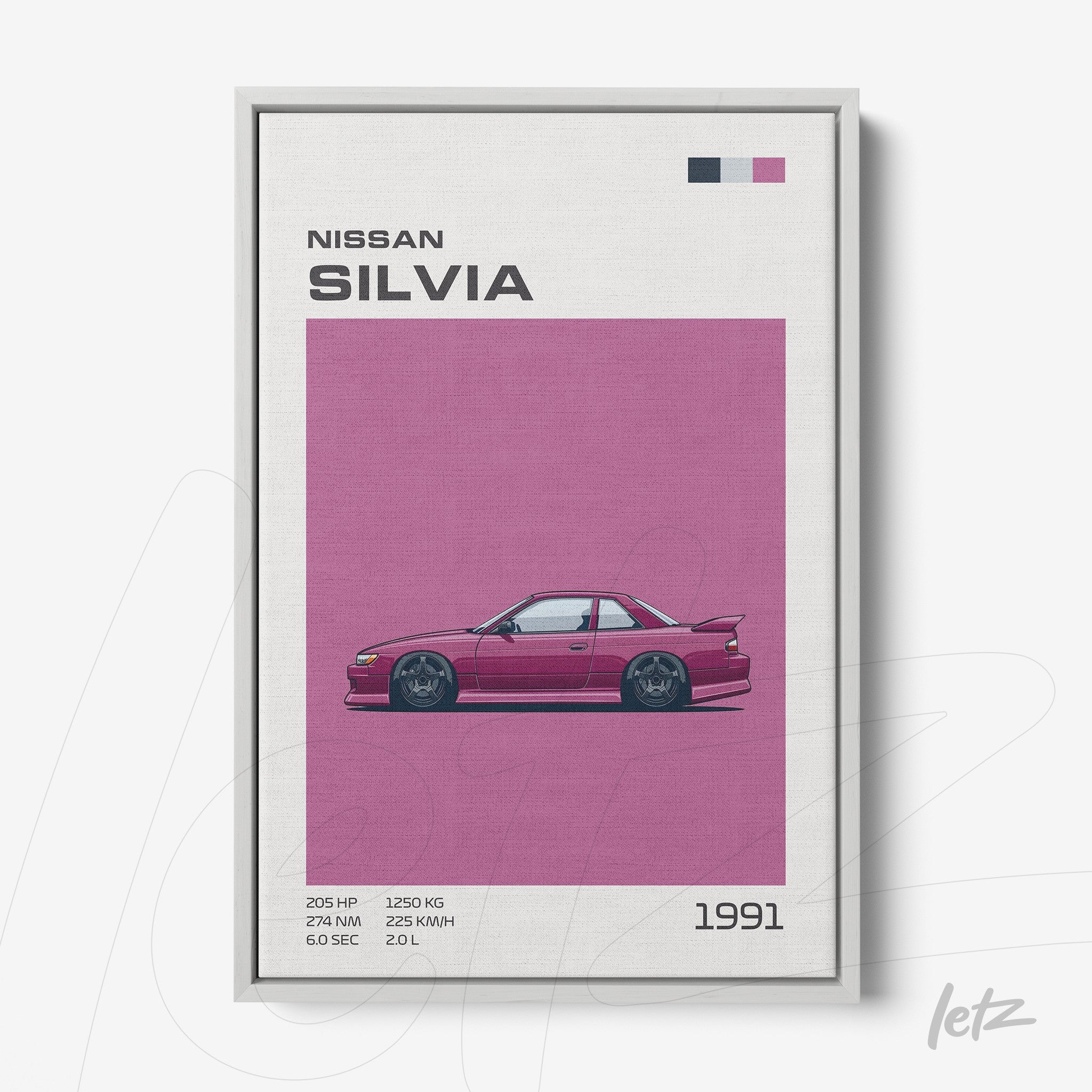 canvas artwork of 1991 Nissan Silvia, featuring a vibrant pink background and minimalist graphic details