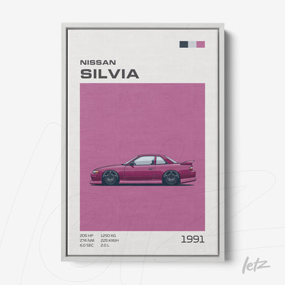 canvas artwork of 1991 Nissan Silvia, featuring a vibrant pink background and minimalist graphic details
