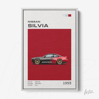 art print of 1993 Nissan Silvia car against a red background with graphic details