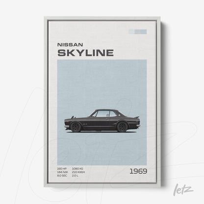 minimalist framed art of a 1969 Nissan Skyline car in light gray frame