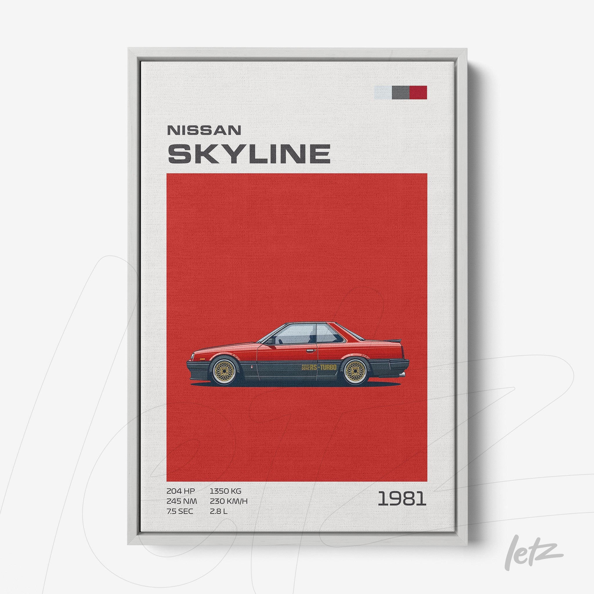 framed wall art of 1981 Nissan Skyline in red background