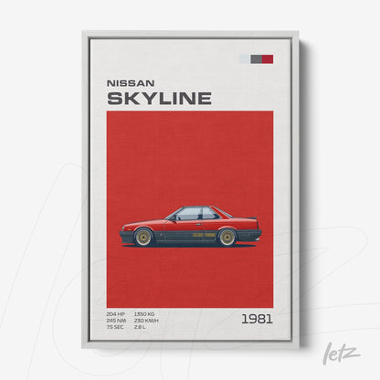 framed wall art of 1981 Nissan Skyline in red background