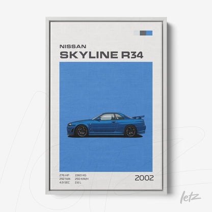 framed artwork featuring a stylized illustration of a Nissan Skyline R34 on a light background with car specifications details