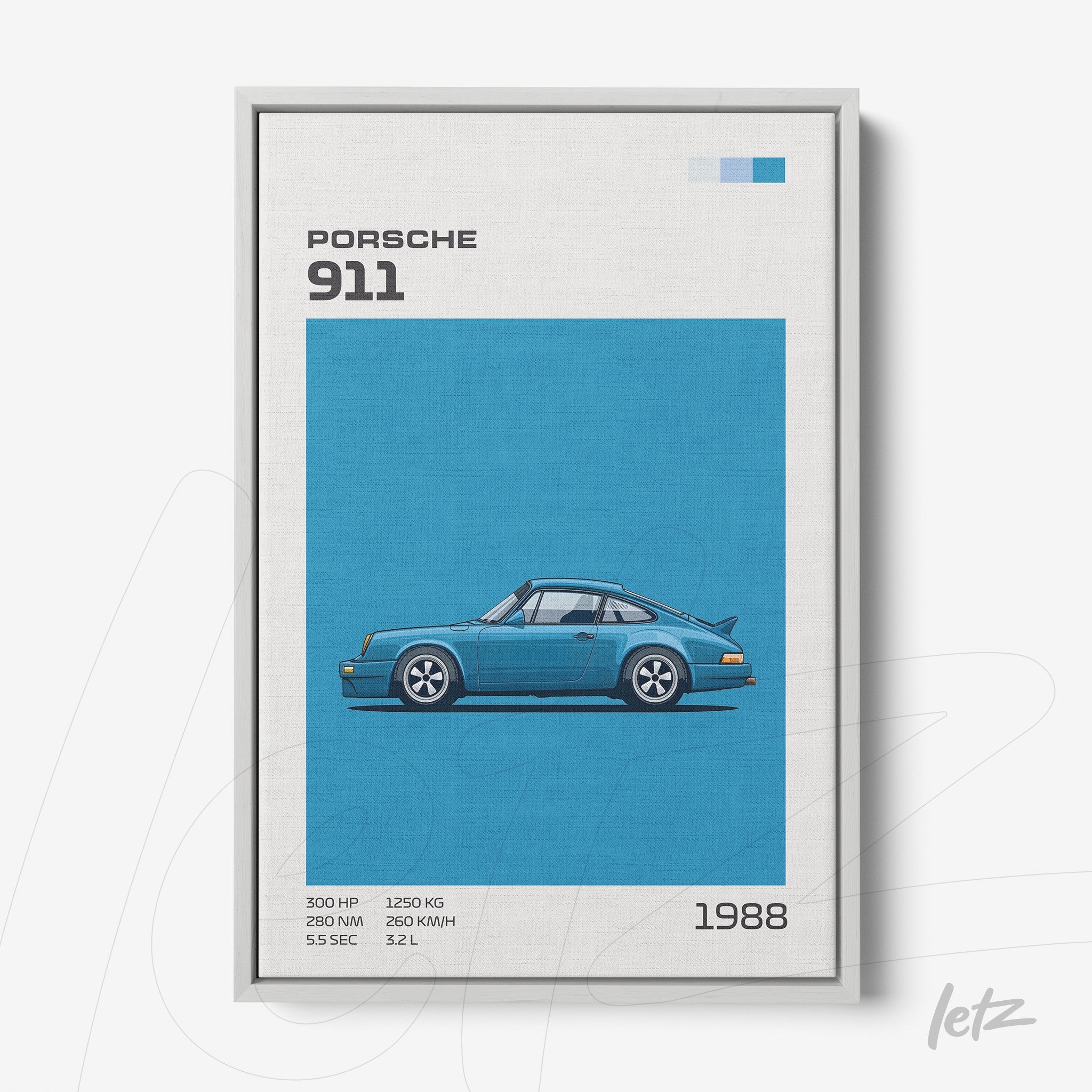framed artwork featuring vector illustration of a 1988 Porsche 911 on blue background