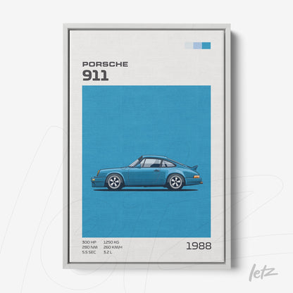 framed artwork featuring vector illustration of a 1988 Porsche 911 on blue background