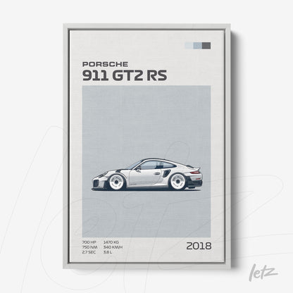 framed digital art of a Porsche 911 GT2 RS car with silver frame