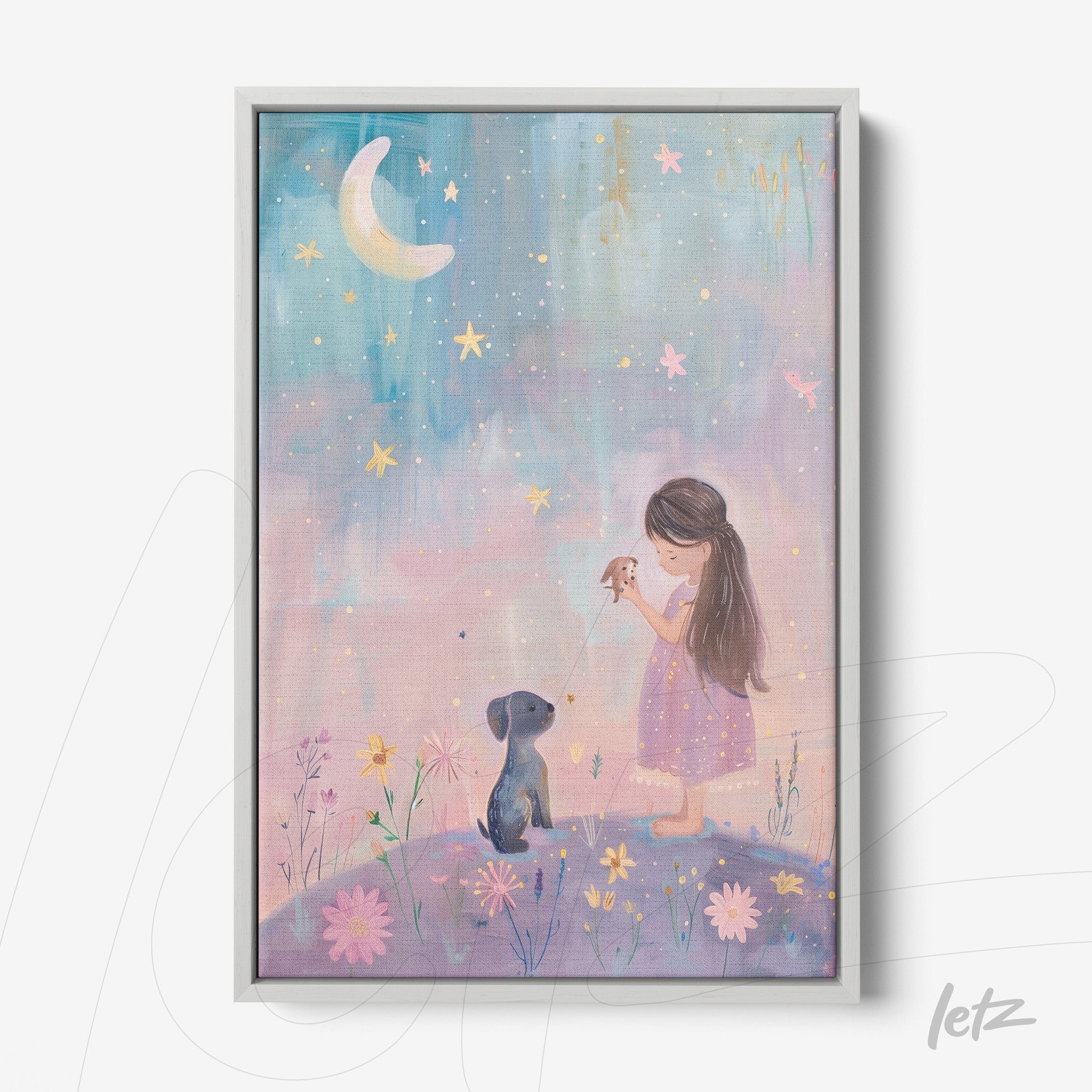 framed artwork featuring a delicate scene of a girl in a light pink dress holding a bird among stars and flowers