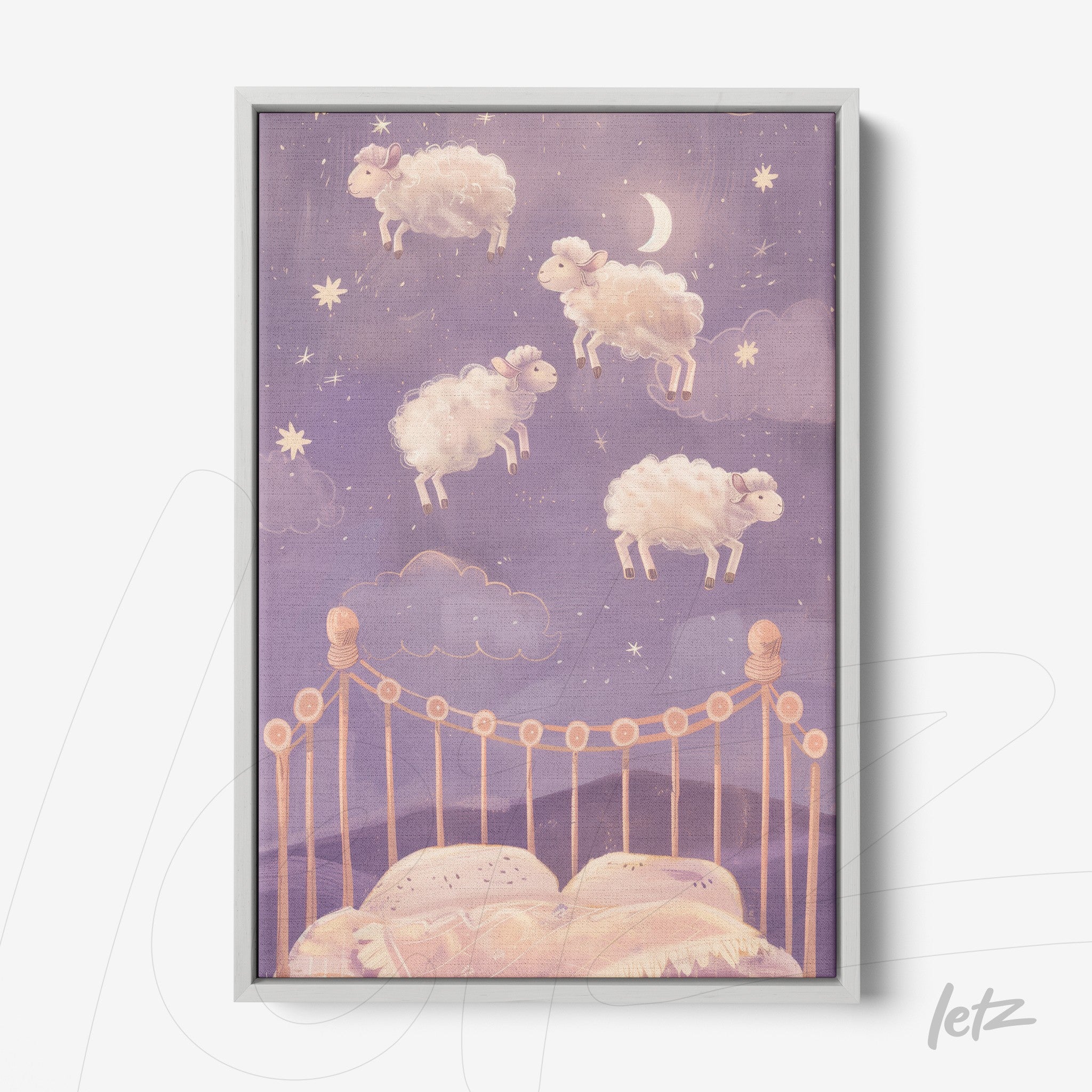 framed artwork of sheep floating above a bed under a starry purple sky