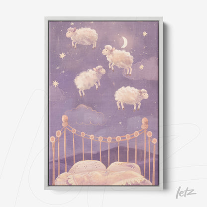 framed artwork of sheep floating above a bed under a starry purple sky