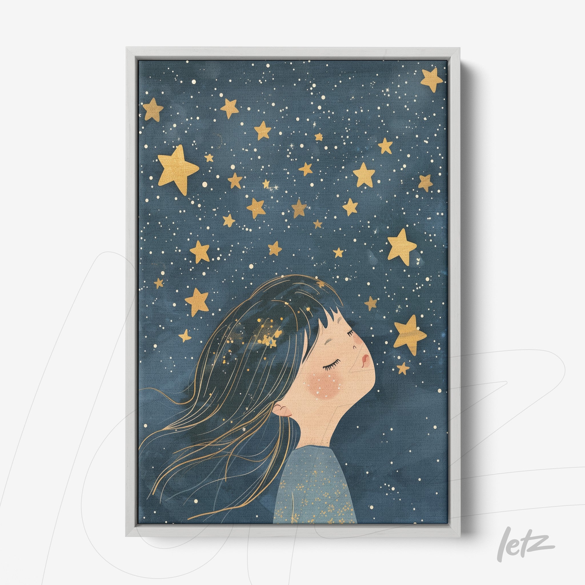framed art featuring a dreaming girl surrounded by golden stars against a dark blue background