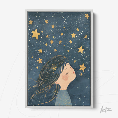 framed art featuring a dreaming girl surrounded by golden stars against a dark blue background