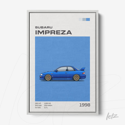 framed wall art featuring a retro illustration of a 1998 Subaru Impreza on a light blue background with a white frame