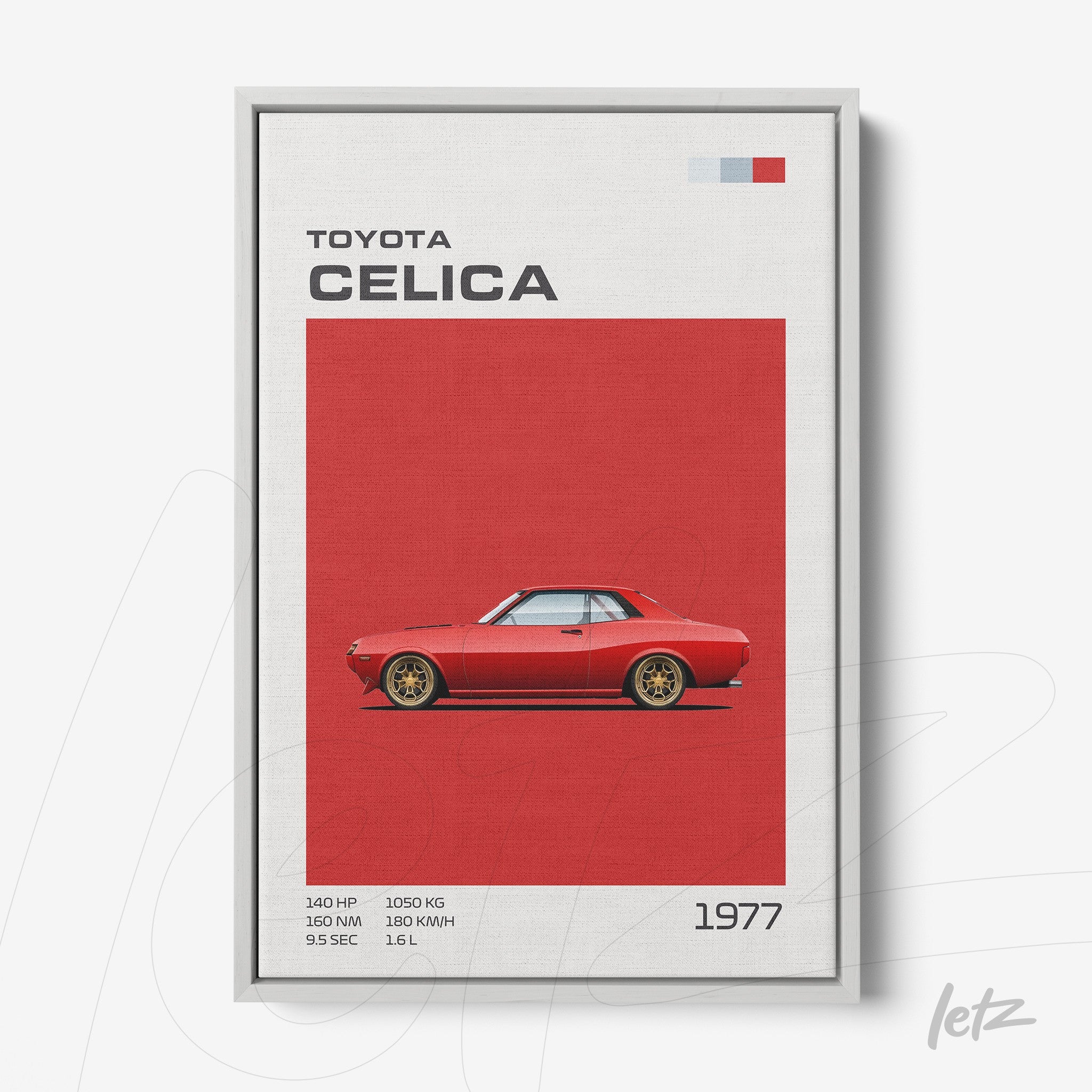 framed artwork featuring an illustration of the 1977 Toyota Celica on a red background