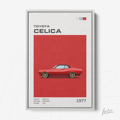 framed artwork featuring an illustration of the 1977 Toyota Celica on a red background